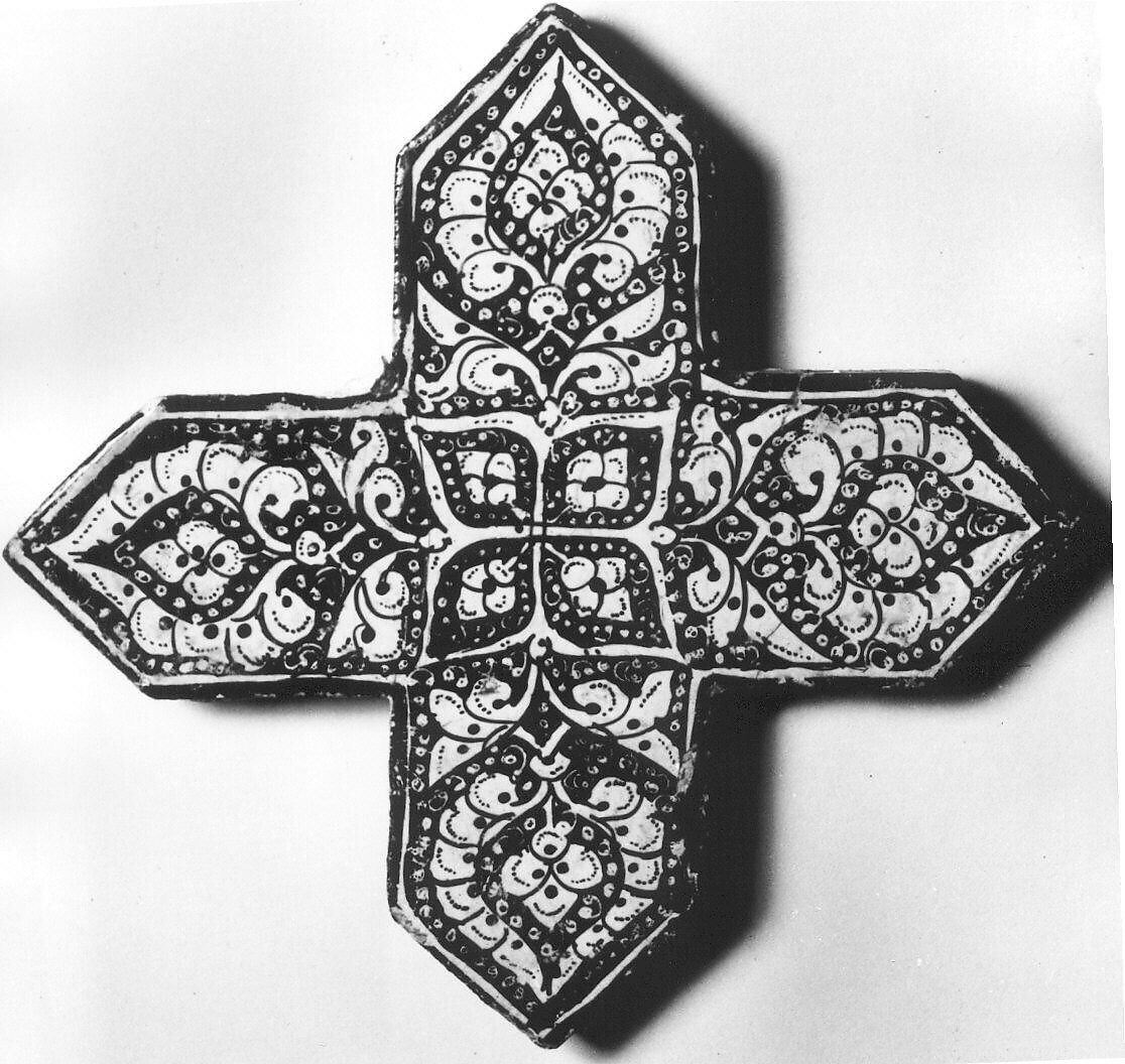 Cross-Shaped Tile, Stonepaste; luster-painted on opaque while glaze under transparent glaze 
