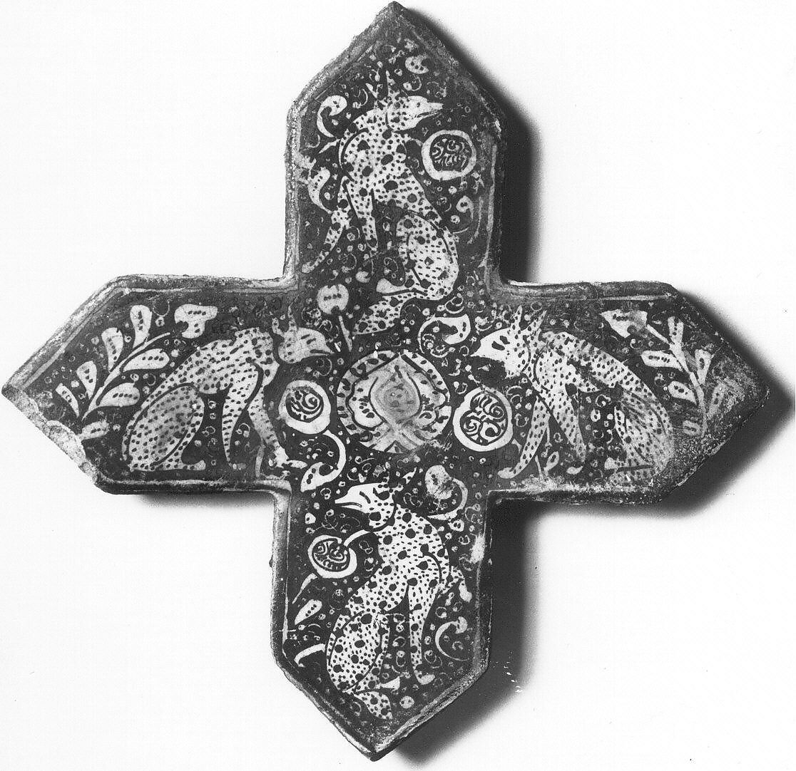 Cross-Shaped Tile, Stonepaste; luster-painted on opaque white glaze with touches of cobalt blue and turquoise color