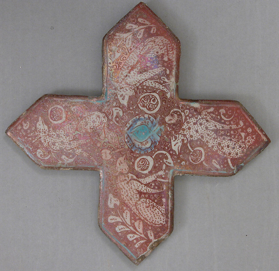 Cross-Shaped Tile, Stonepaste; luster-painted on opaque white glaze with touches of cobalt blue and turquoise color
