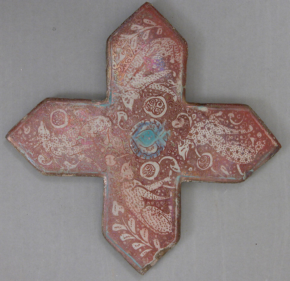 Cross-Shaped Tile, Stonepaste; luster-painted on opaque white glaze with touches of cobalt blue and turquoise color 