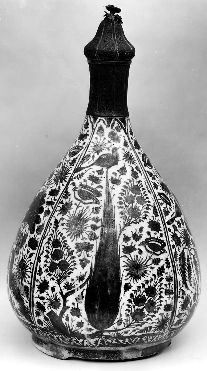Luster-Painted Bottle, Stonepaste; luster-painted on opaque white glaze, with silver fittings