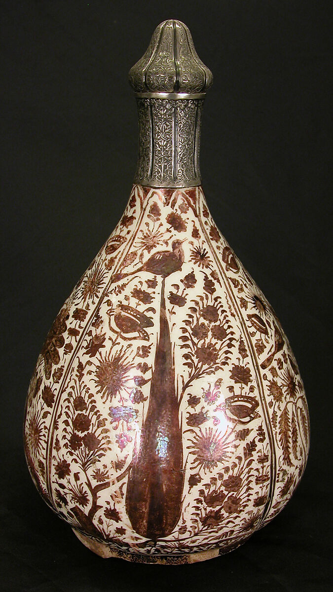 Luster-Painted Bottle, Stonepaste; luster-painted on opaque white glaze, with silver fittings 
