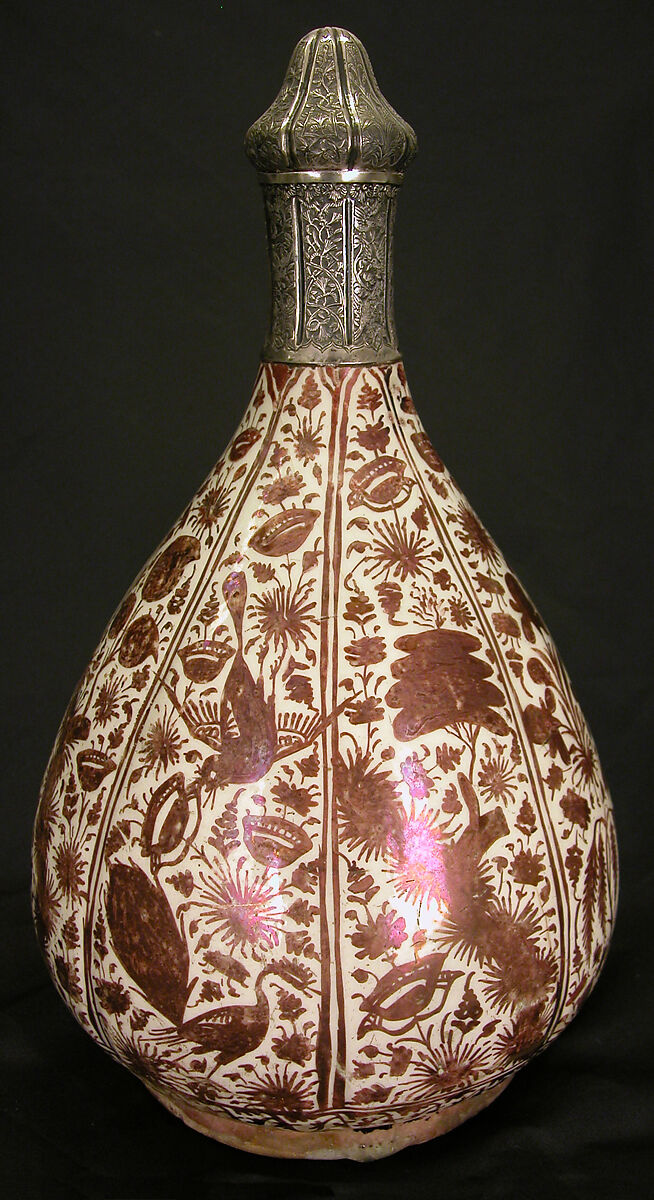 Luster-Painted Bottle, Stonepaste; luster-painted on opaque white glaze, with silver fittings