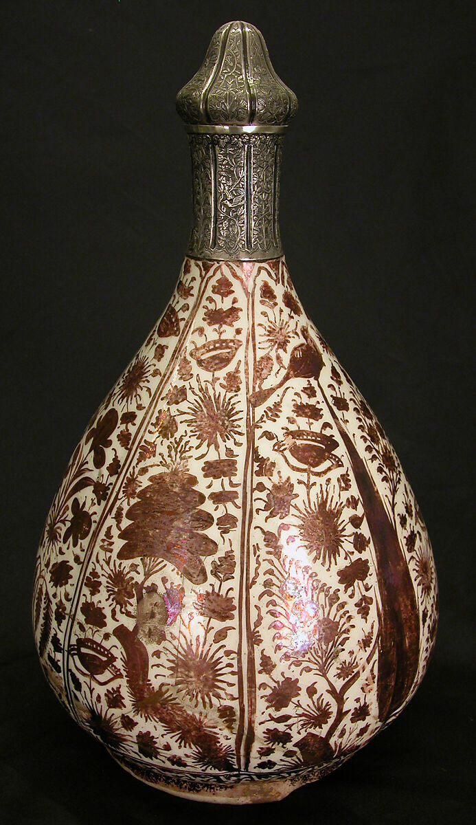 Luster-Painted Bottle, Stonepaste; luster-painted on opaque white glaze, with silver fittings