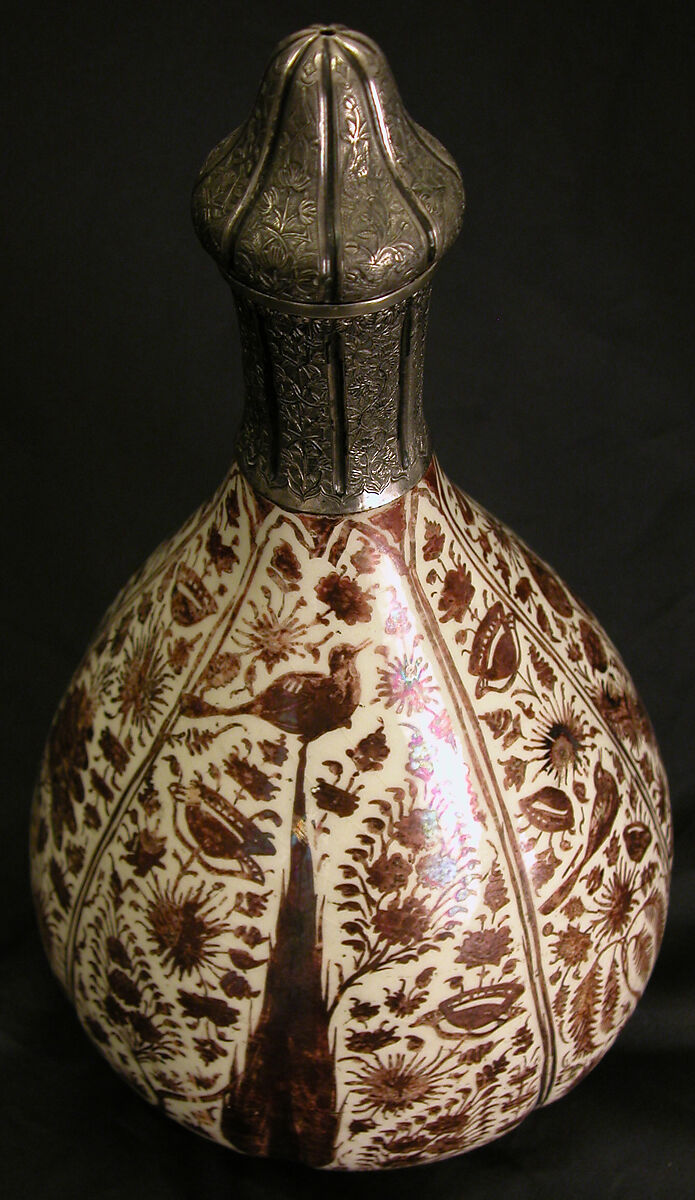 Luster-Painted Bottle, Stonepaste; luster-painted on opaque white glaze, with silver fittings