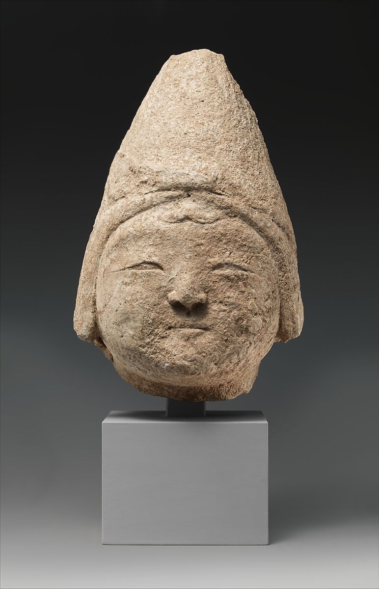 Head of a Central Asian Figure in a Pointed Cap, Gypsum plaster; modeled, carved