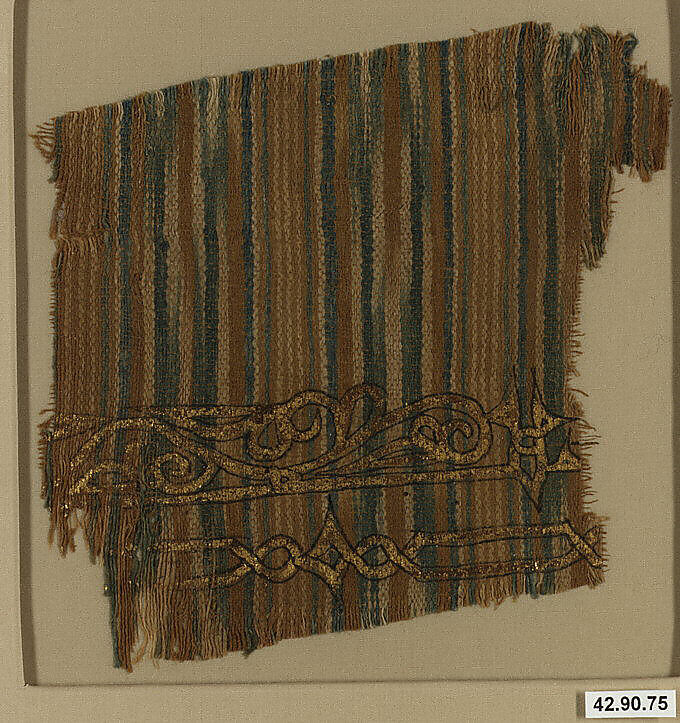 Textile Fragment, Cotton, ink, gold; plain weave, resist dyed (ikat), painted 