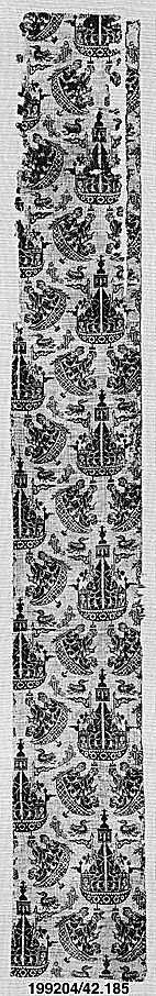 Textile Fragment with Sailing Ships, Silk, metal wrapped thread; double weave