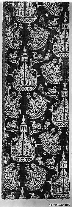 Textile Fragment with Sailing Ships, Silk, metal wrapped thread; double weave