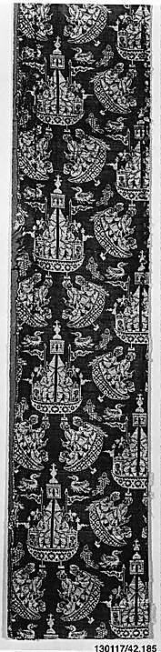 Textile Fragment with Sailing Ships, Silk, metal wrapped thread; double weave