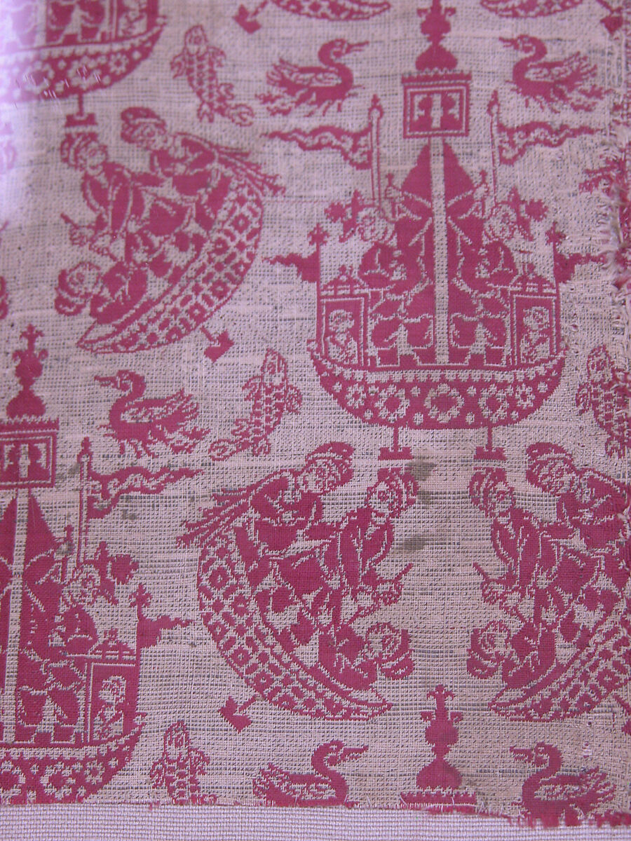 Textile Fragment with Sailing Ships, Silk, metal wrapped thread; double weave