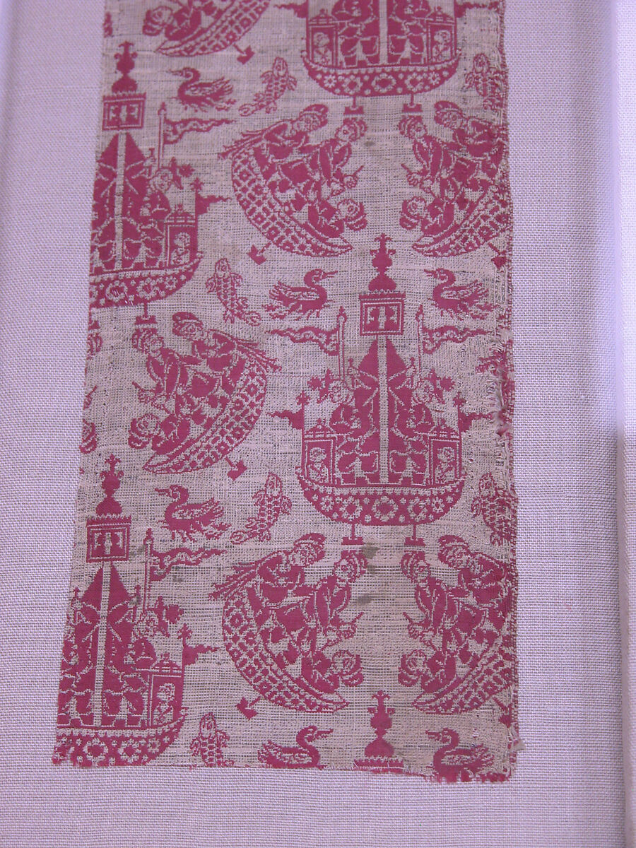 Textile Fragment with Sailing Ships, Silk, metal wrapped thread; double weave