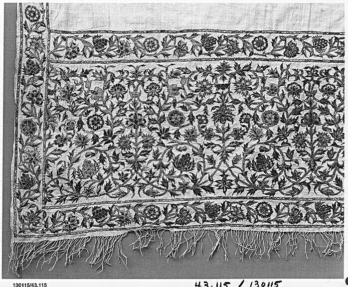 Scarf, Cotton; embroidered with silk and metal wrapped thread