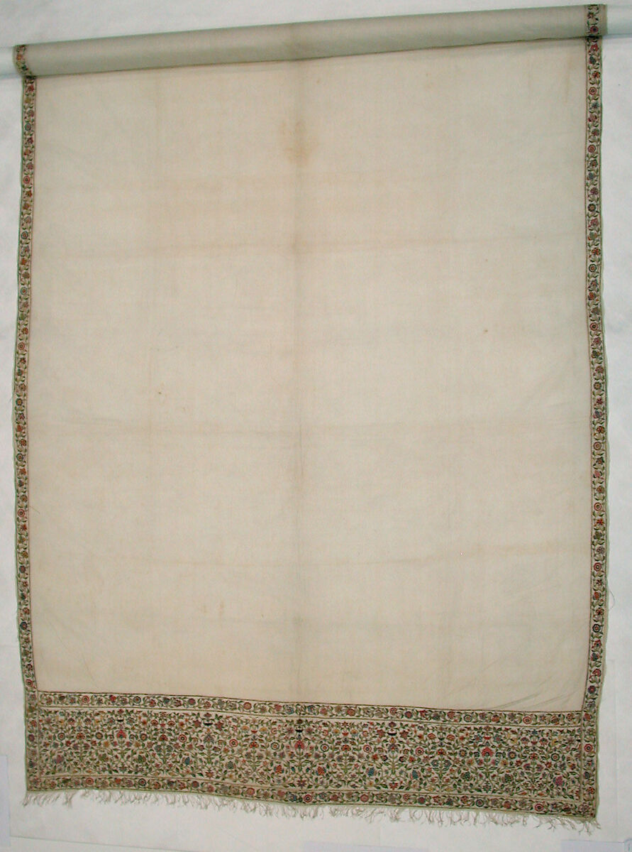 Scarf, Cotton; embroidered with silk and metal wrapped thread 