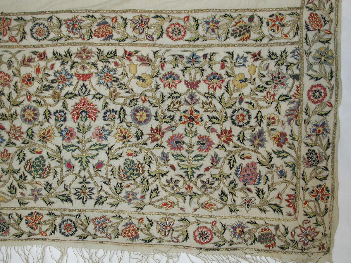 Scarf, Cotton; embroidered with silk and metal wrapped thread