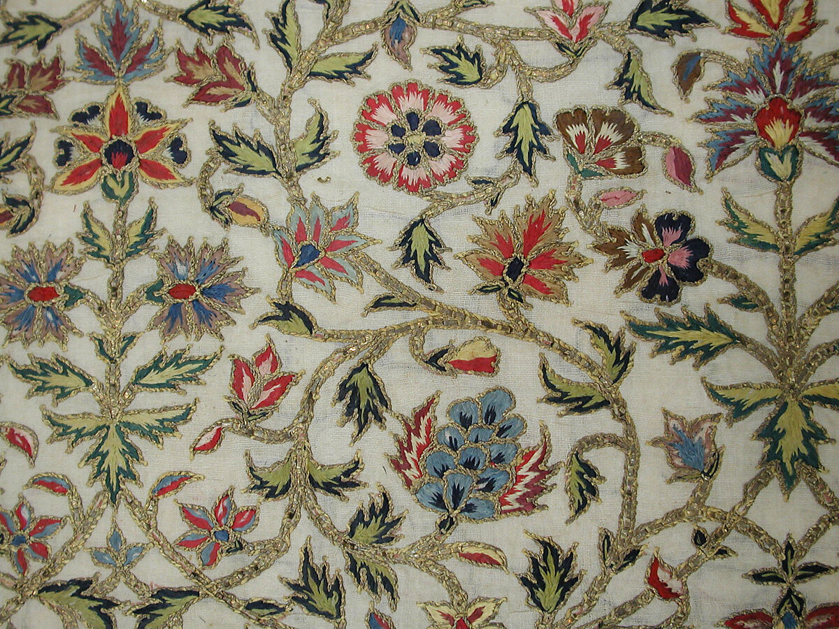 Scarf, Cotton; embroidered with silk and metal wrapped thread