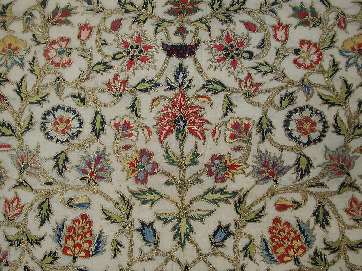 Scarf, Cotton; embroidered with silk and metal wrapped thread