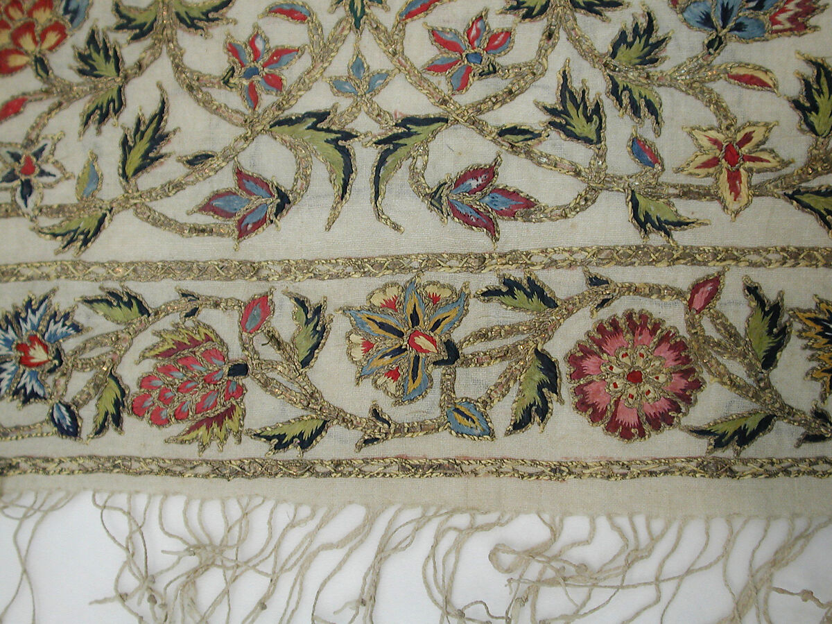 Scarf, Cotton; embroidered with silk and metal wrapped thread