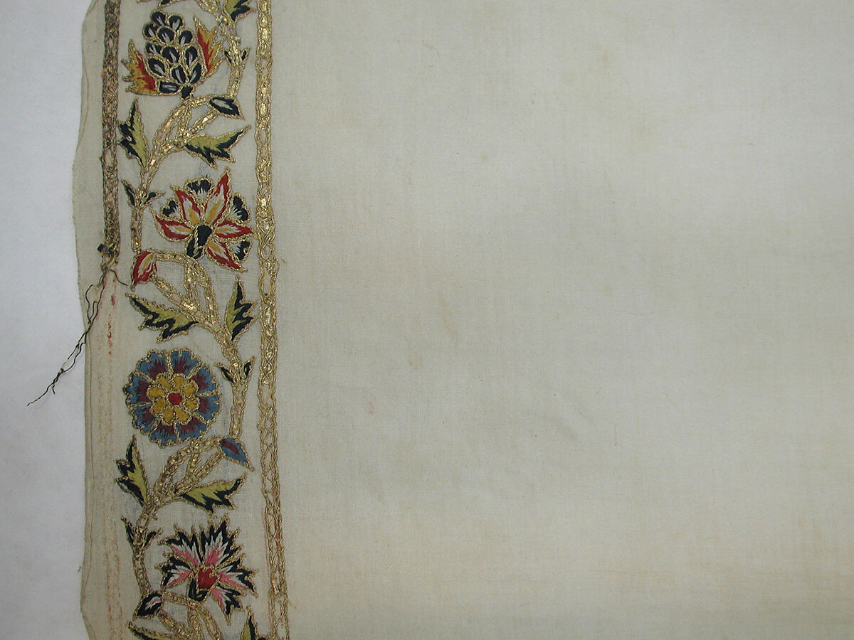 Scarf, Cotton; embroidered with silk and metal wrapped thread