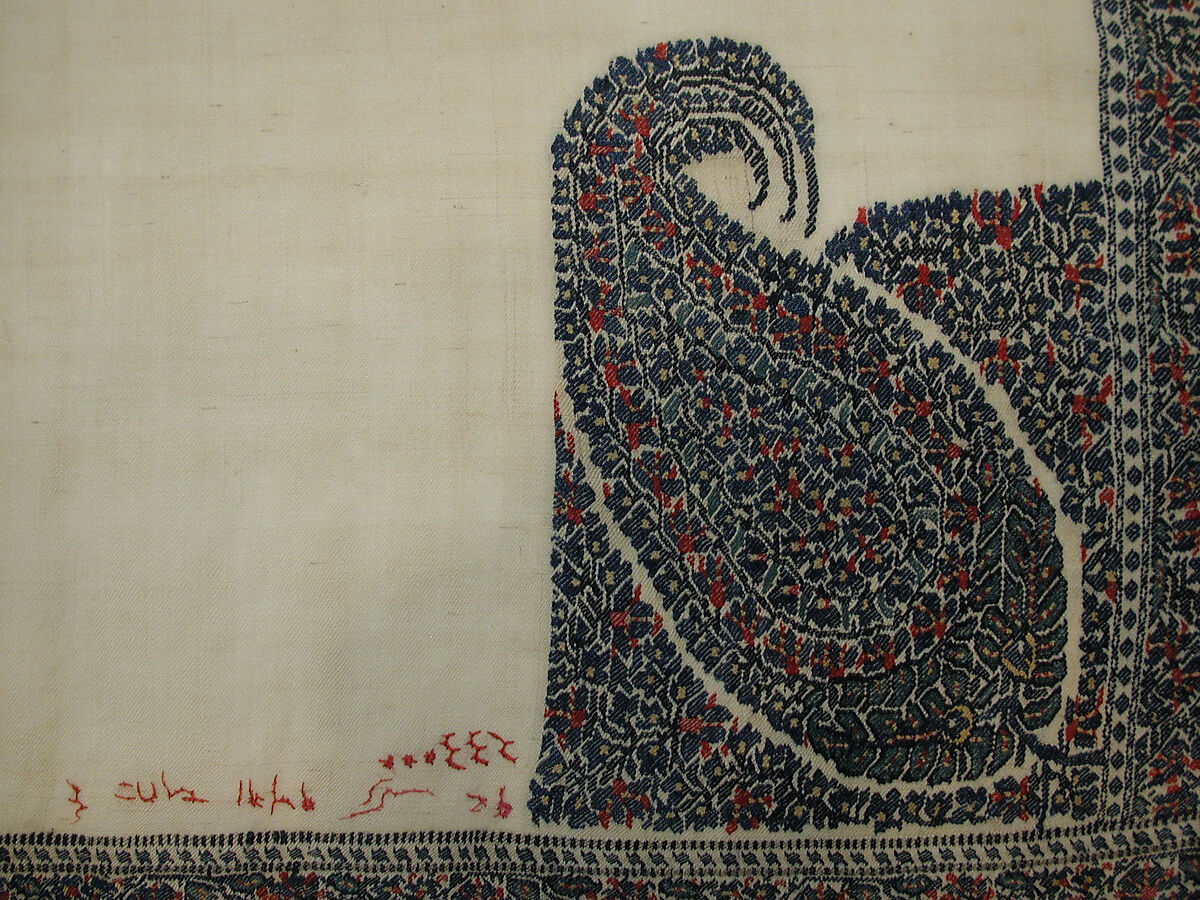 Shawl, Wool; twill weave and double interlocking twill tapestry weave