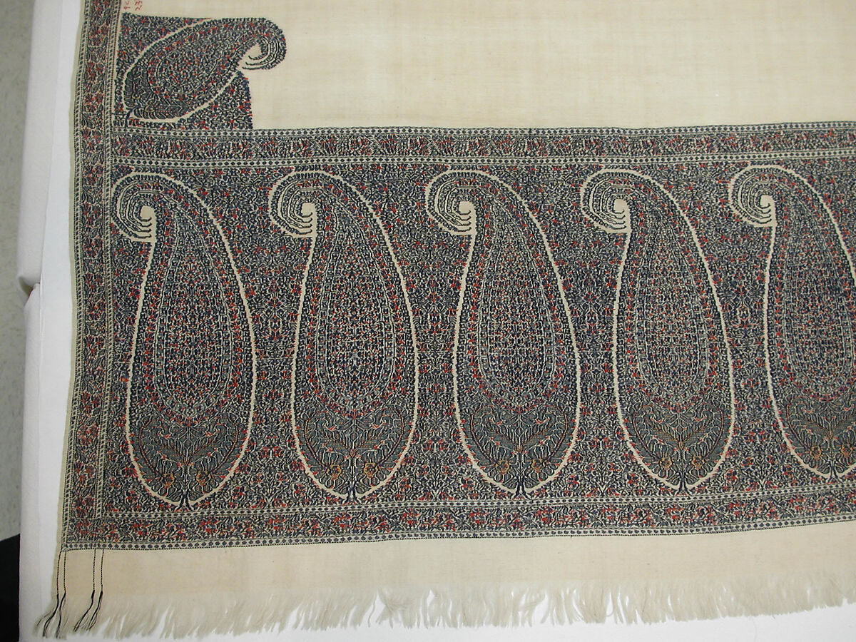 Shawl, Wool; twill weave and double interlocking twill tapestry weave