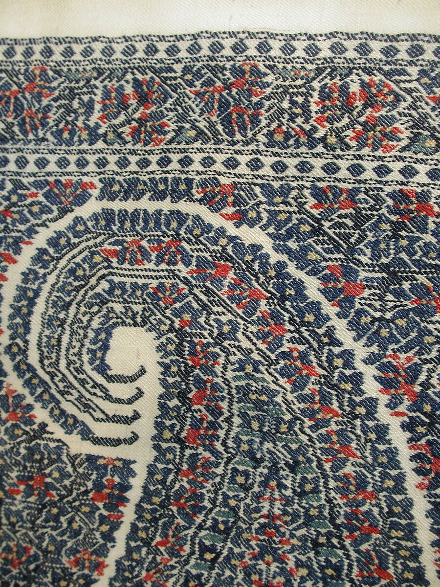 Shawl, Wool; twill weave and double interlocking twill tapestry weave