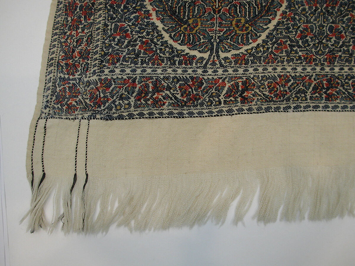 Shawl, Wool; twill weave and double interlocking twill tapestry weave