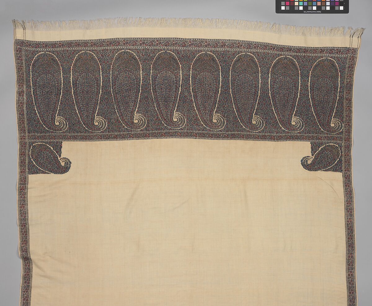 Shawl, Wool; twill weave and double interlocking twill tapestry weave