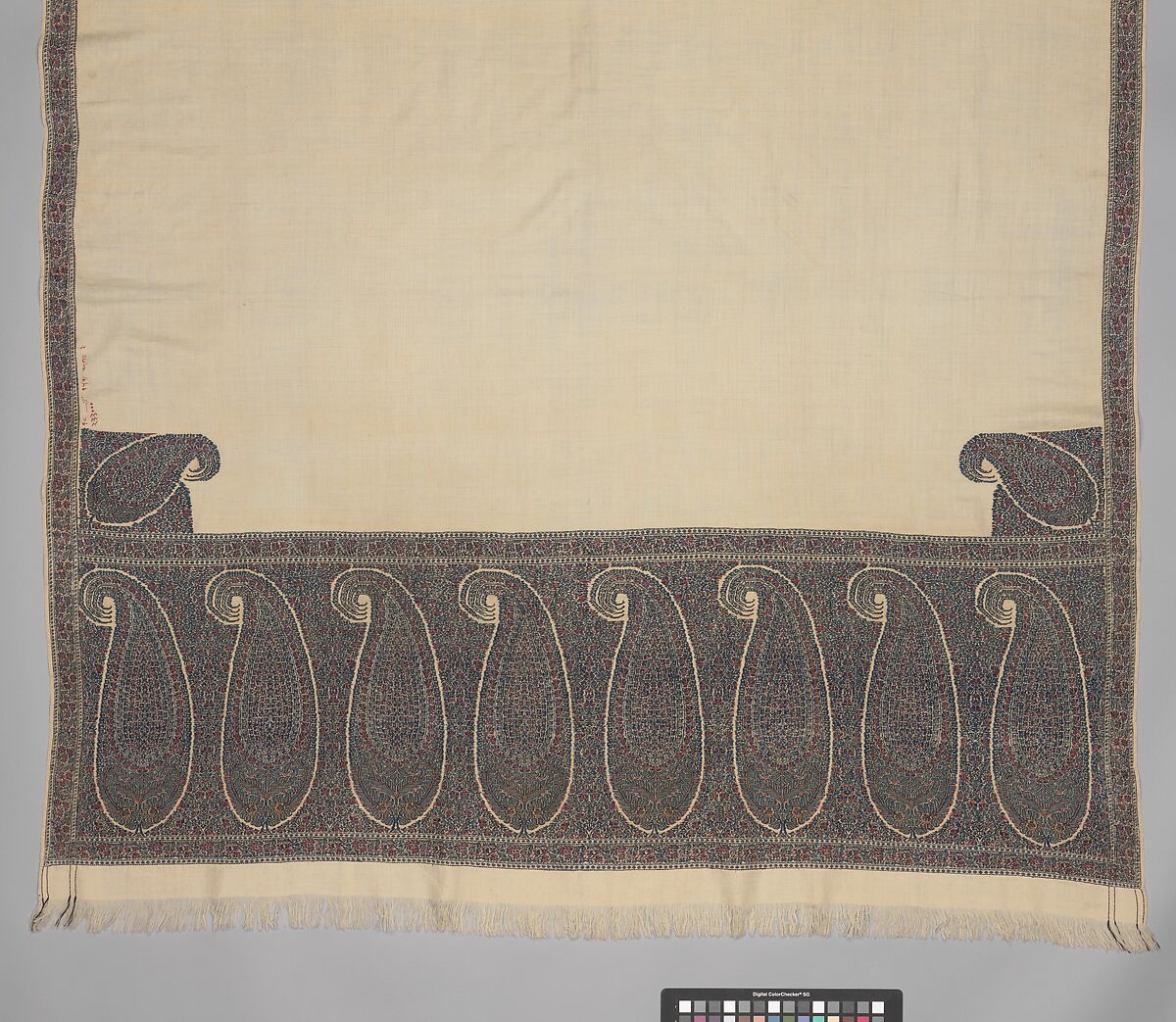 Shawl, Wool; twill weave and double interlocking twill tapestry weave