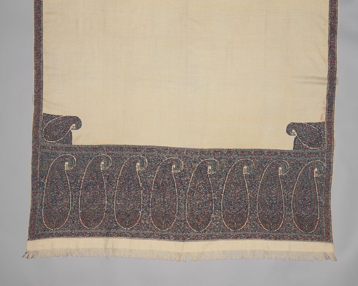 Shawl, Wool; twill weave and double interlocking twill tapestry weave