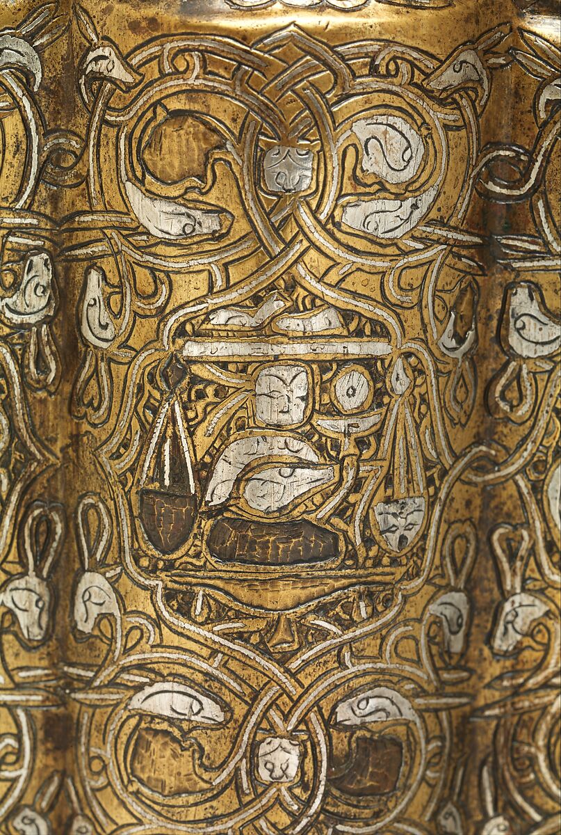 Ewer, Brass; raised, repoussé, inlaid with silver and a black compound