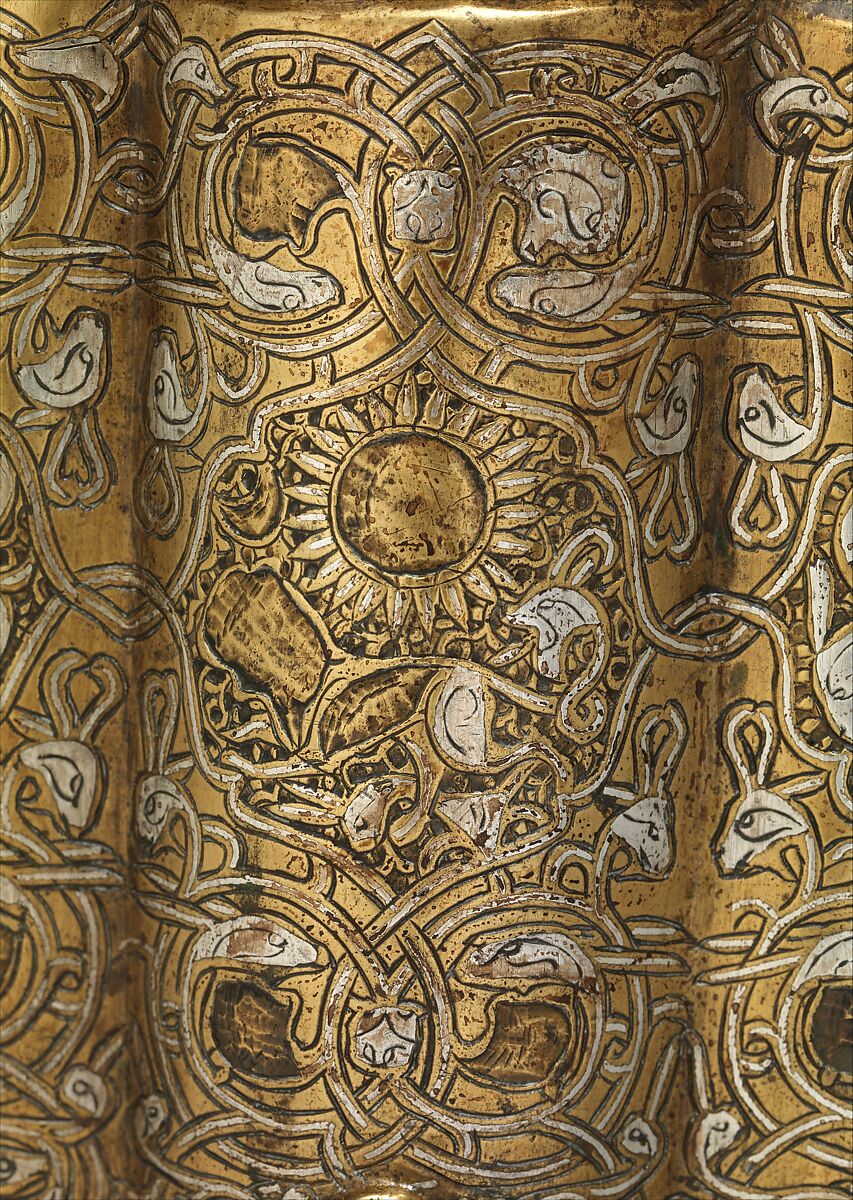 Ewer, Brass; raised, repoussé, inlaid with silver and a black compound