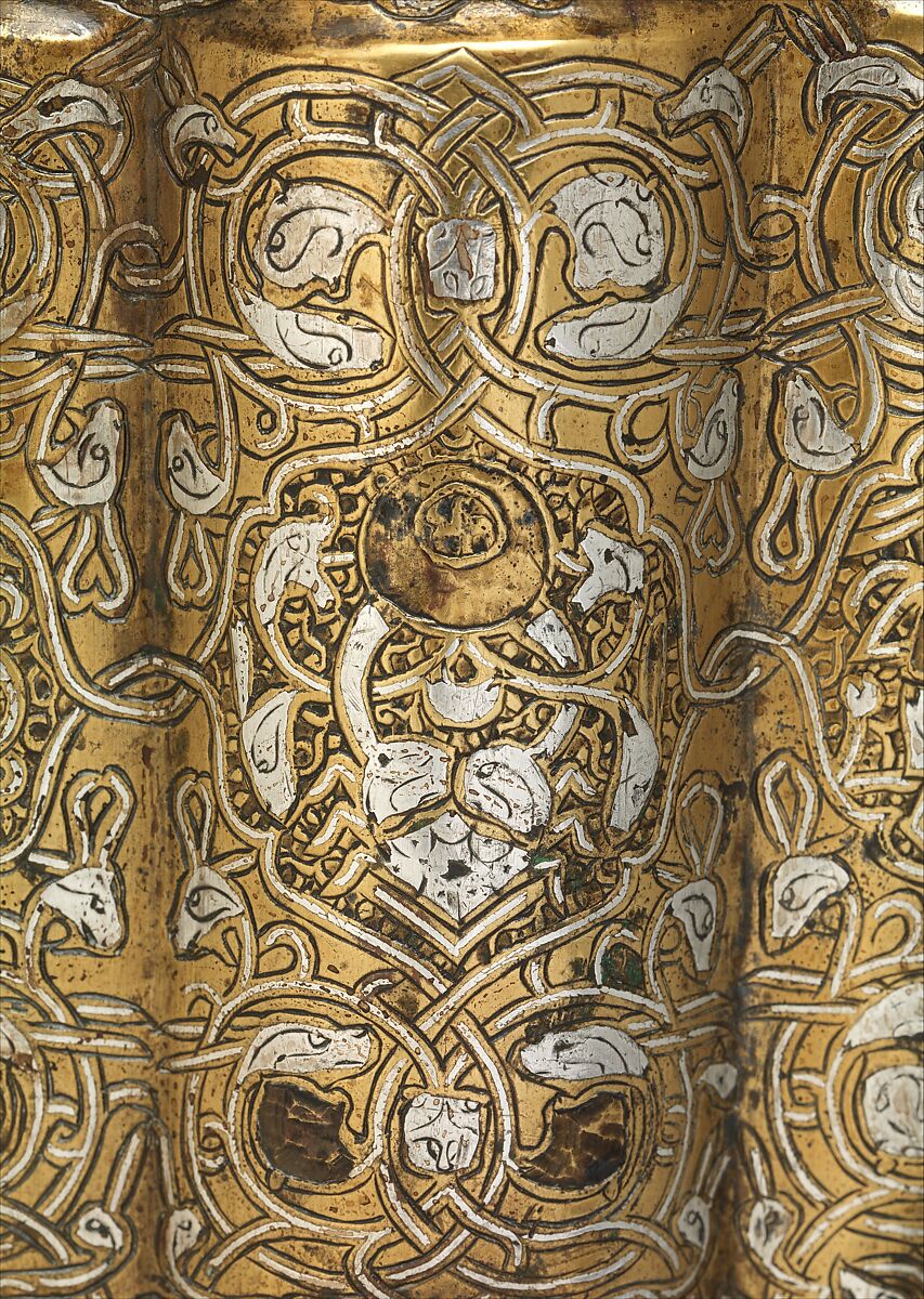 Ewer, Brass; raised, repoussé, inlaid with silver and a black compound