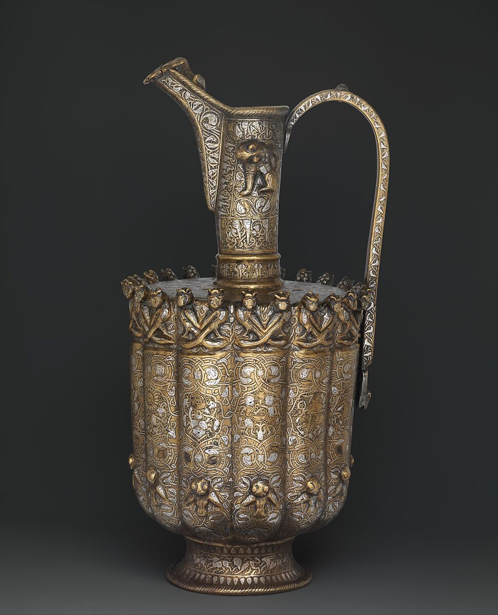 Ewer, Brass; raised, repoussé, inlaid with silver and a black compound
