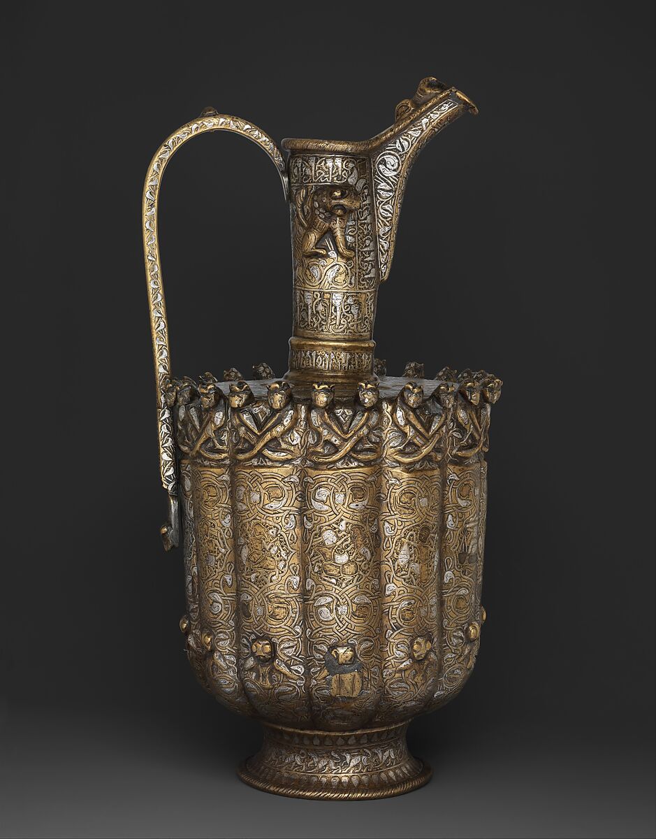 Ewer, Brass; raised, repoussé, inlaid with silver and a black compound