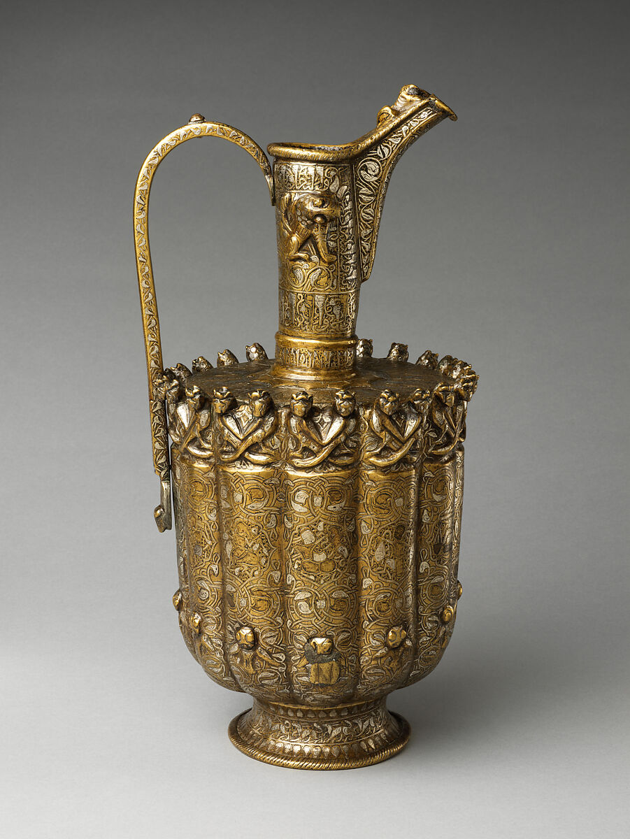 Ewer, Brass; raised, repoussé, inlaid with silver and a black compound