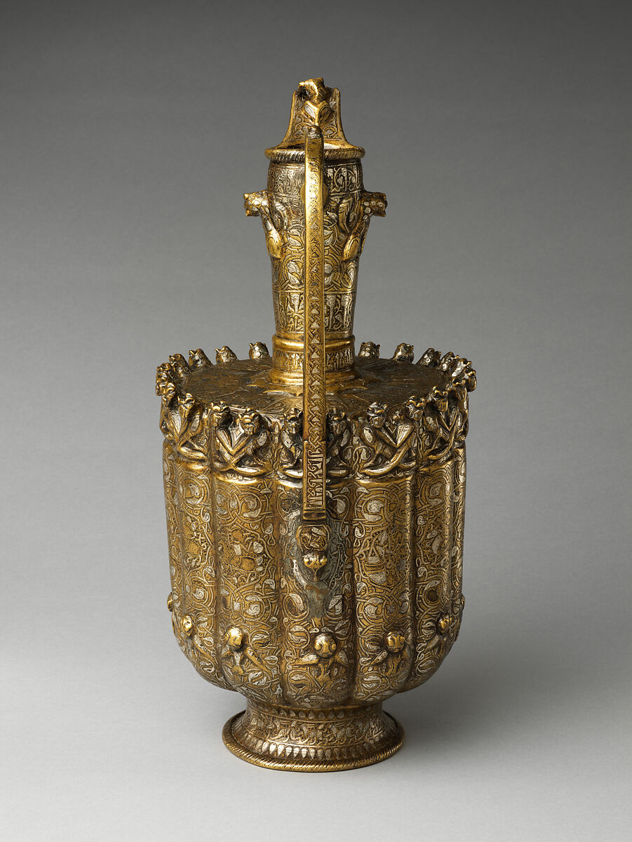 Ewer, Brass; raised, repoussé, inlaid with silver and a black compound