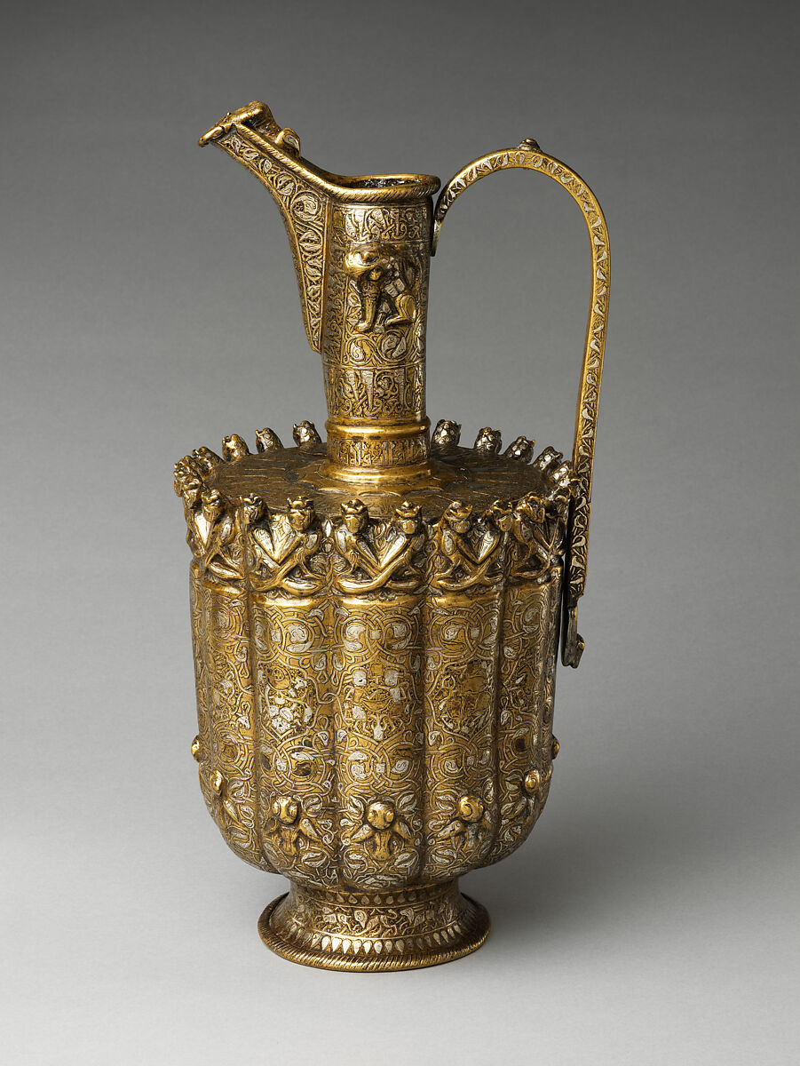 Ewer, Brass; raised, repoussé, inlaid with silver and a black compound