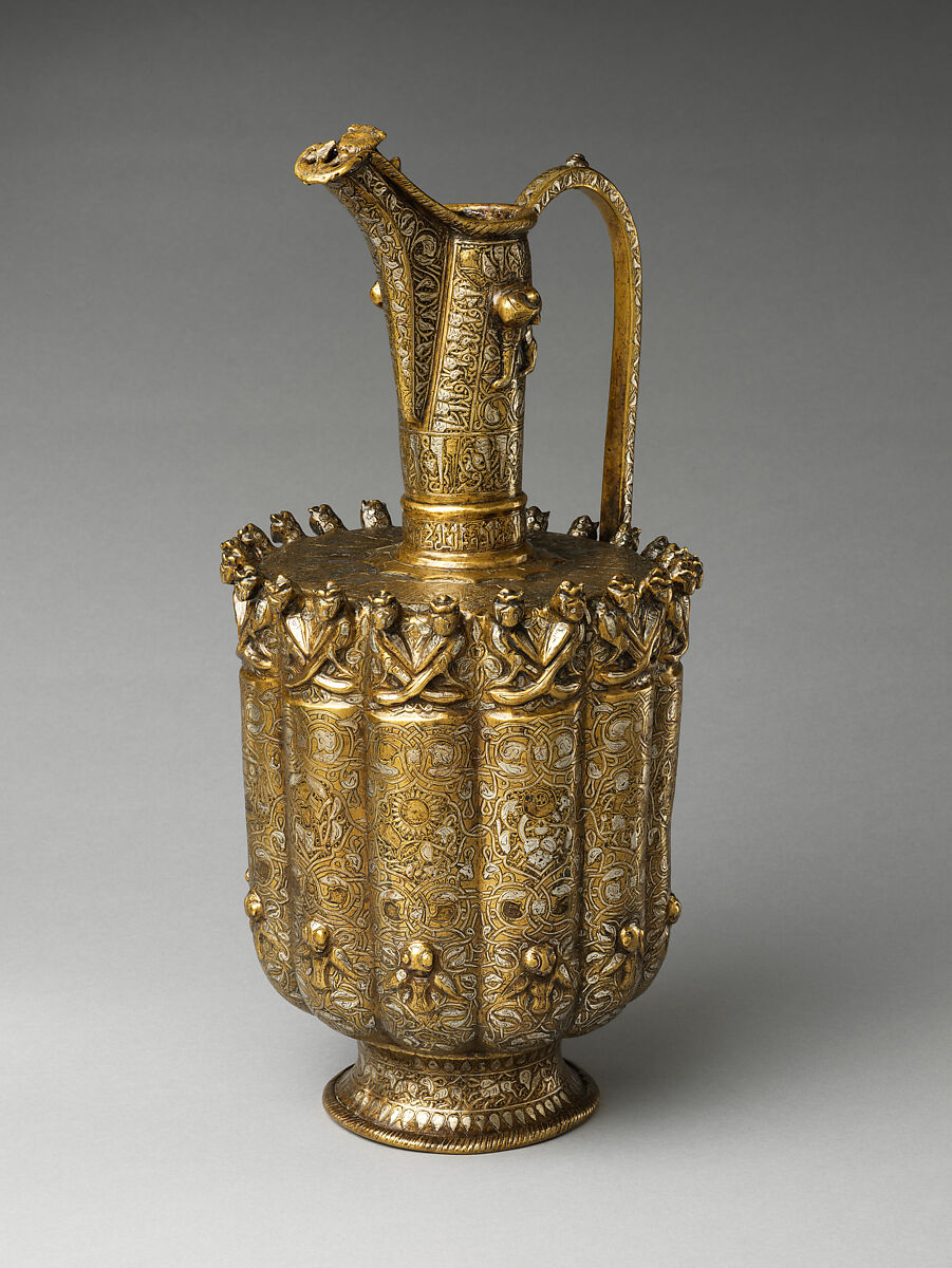 Ewer, Brass; raised, repoussé, inlaid with silver and a black compound