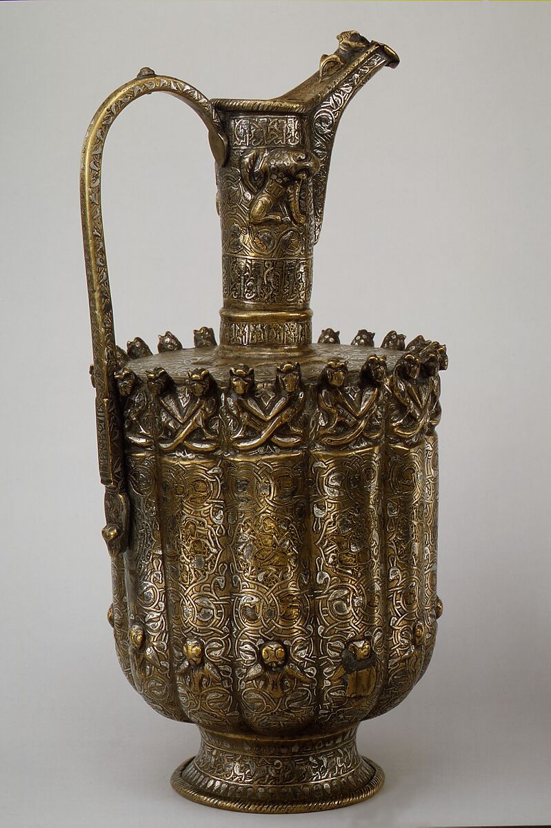 Ewer, Brass; raised, repoussé, inlaid with silver and a black compound