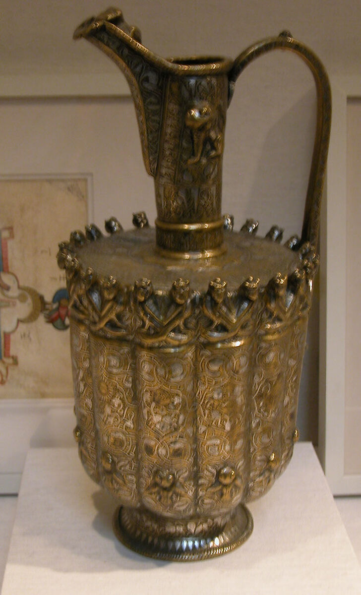 Ewer, Brass; raised, repoussé, inlaid with silver and a black compound