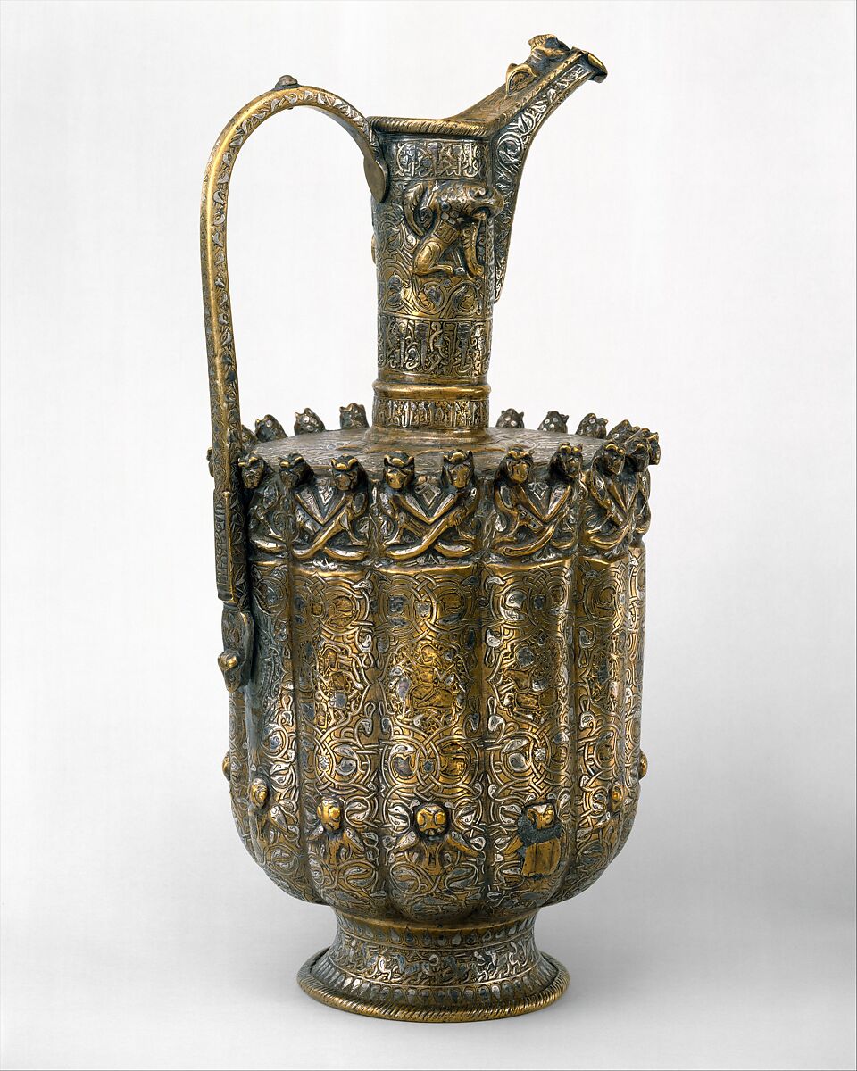 Ewer, Brass; raised, repoussé, inlaid with silver and a black compound