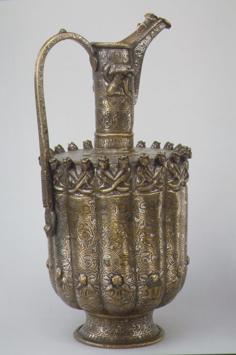 Ewer, Brass; raised, repoussé, inlaid with silver and a black compound