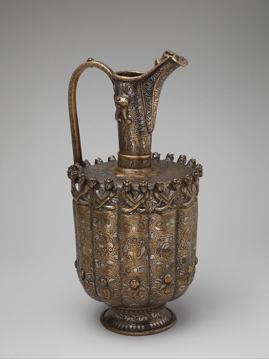 Ewer, Brass; raised, repoussé, inlaid with silver and a black compound