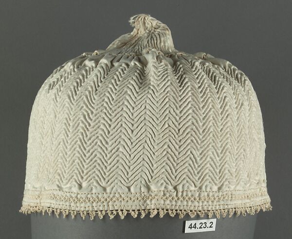 Cap, Cotton; quilted, crocheted  cotton lace border