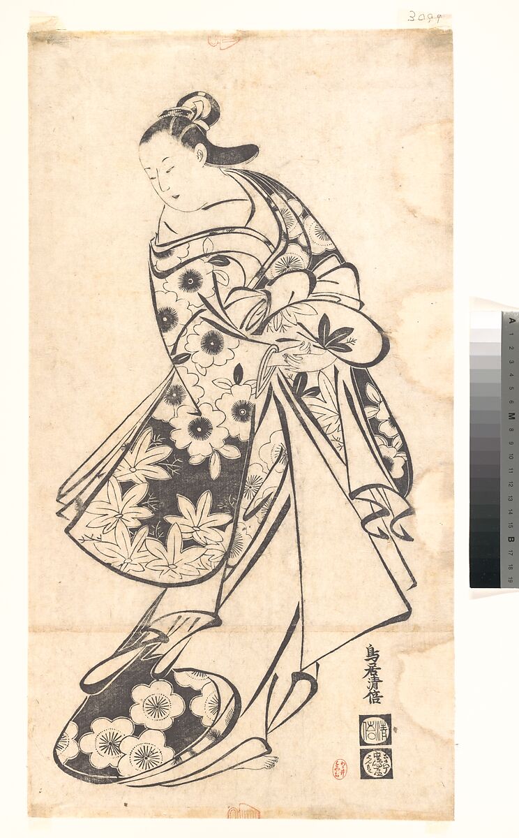 Courtesan, Torii Kiyomasu I (Japanese, active 1696–1716), Monochrome woodblock (tan-e) print; ink on paper, Japan 