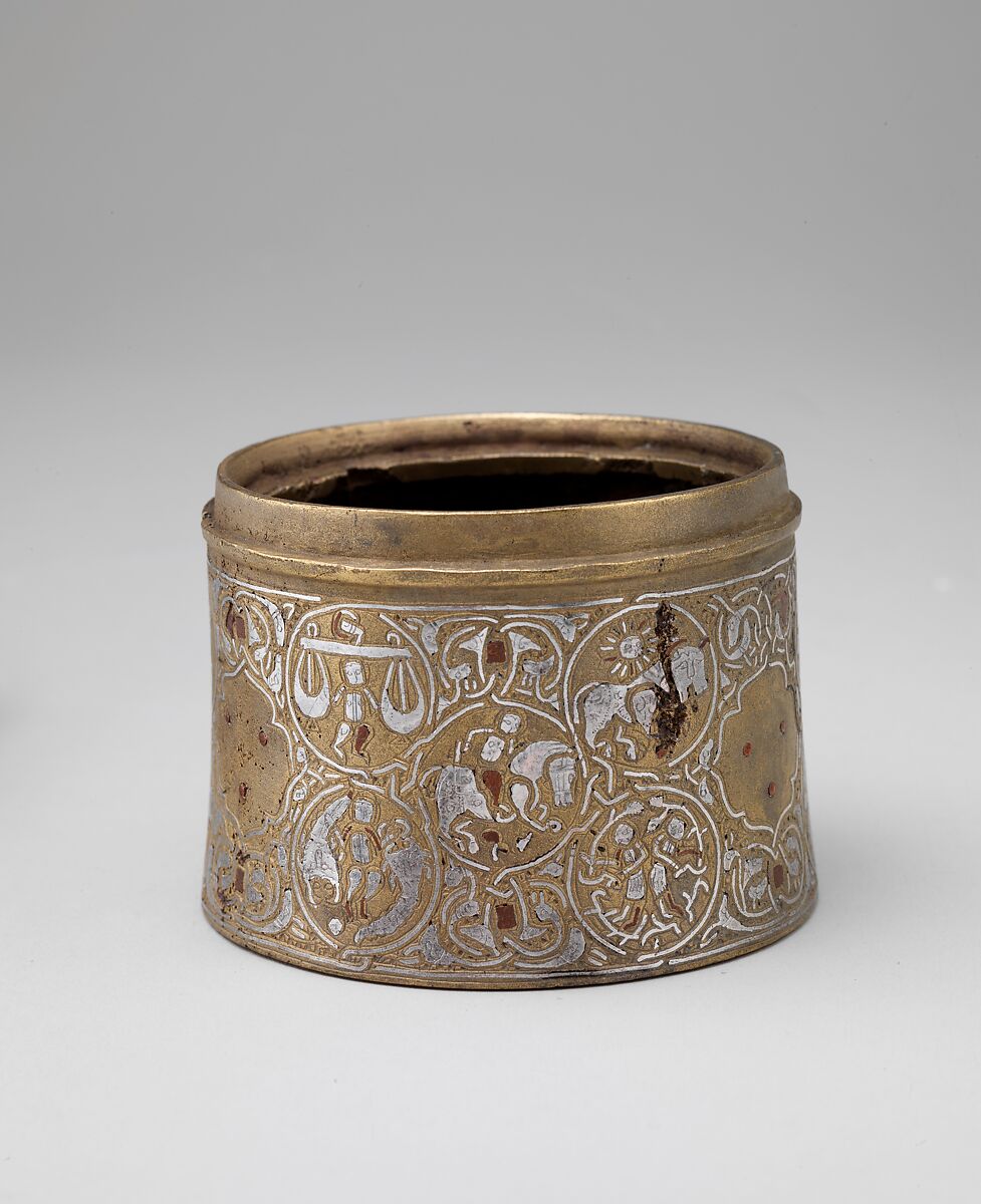 Inkwell with Twelve Zodiac Medallions, Brass; cast, inlaid with silver and copper