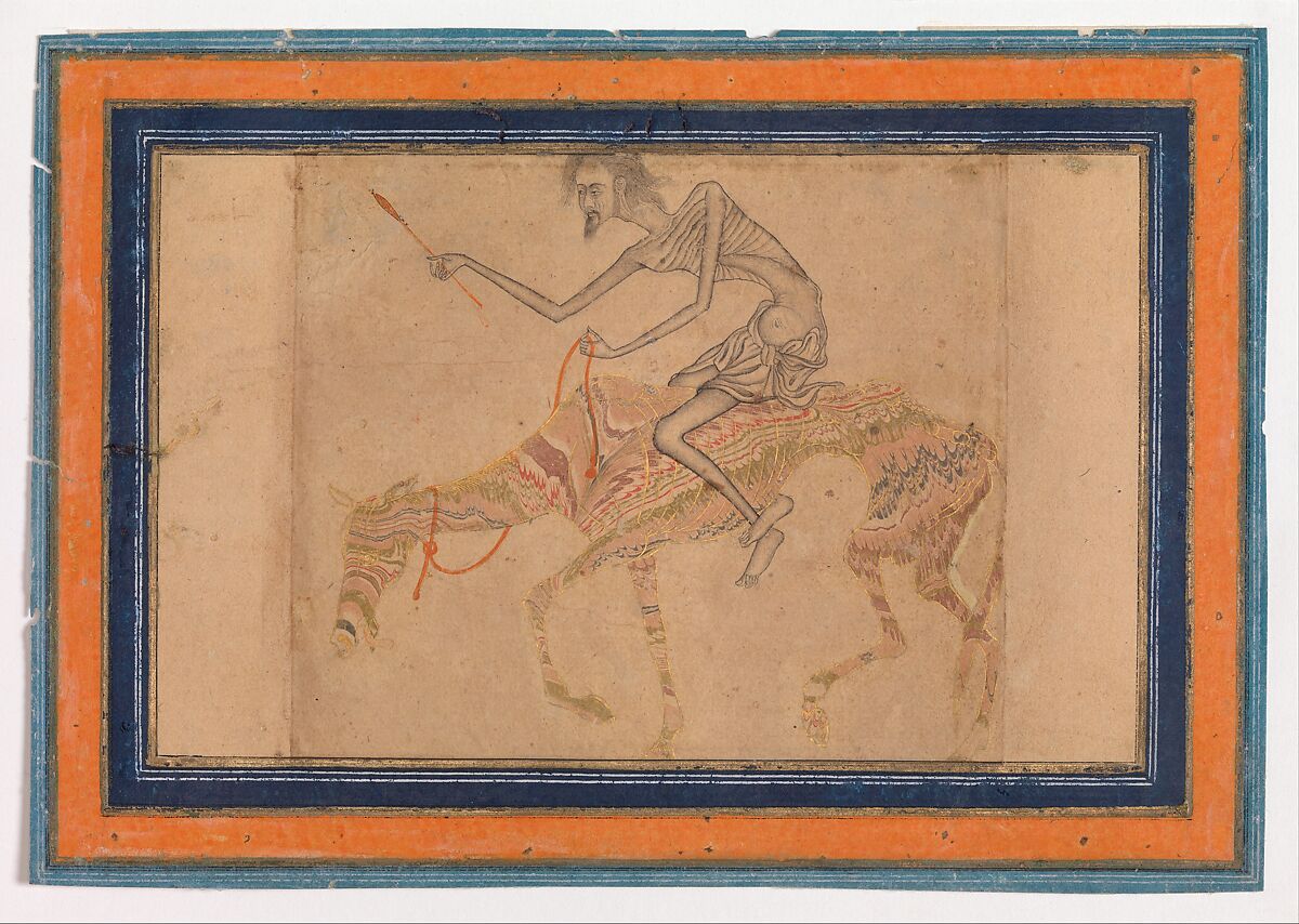 Emaciated Horse and Rider, Ink, opaque watercolor, and gold on paper; marbleized paper 