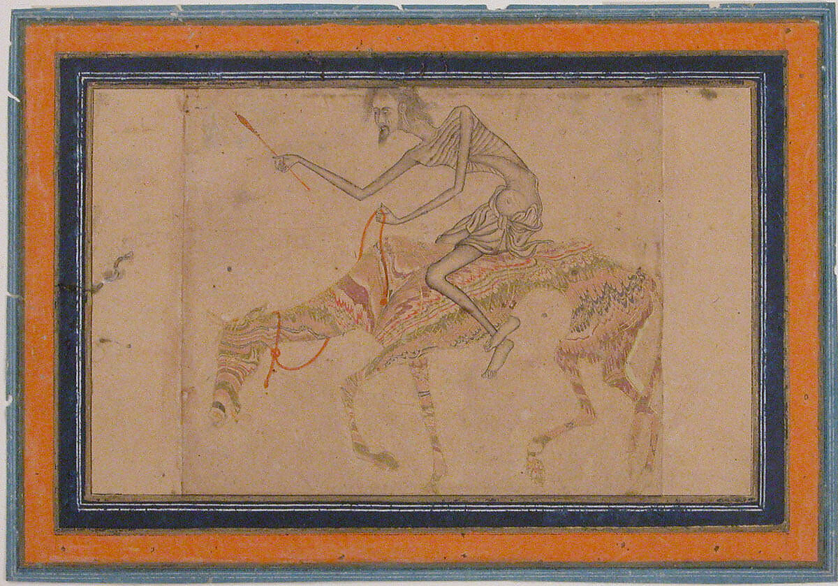 Emaciated Horse and Rider, Ink, opaque watercolor, and gold on paper; marbleized paper