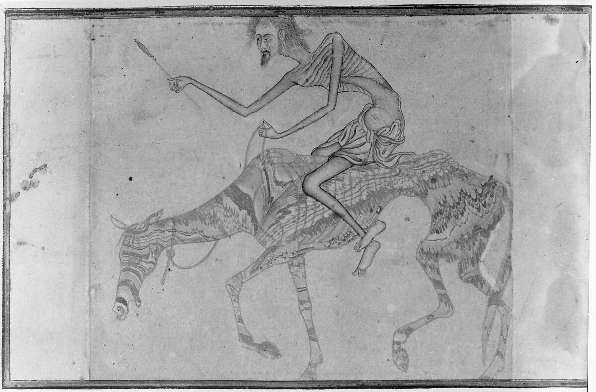 Emaciated Horse and Rider, Ink, opaque watercolor, and gold on paper; marbleized paper